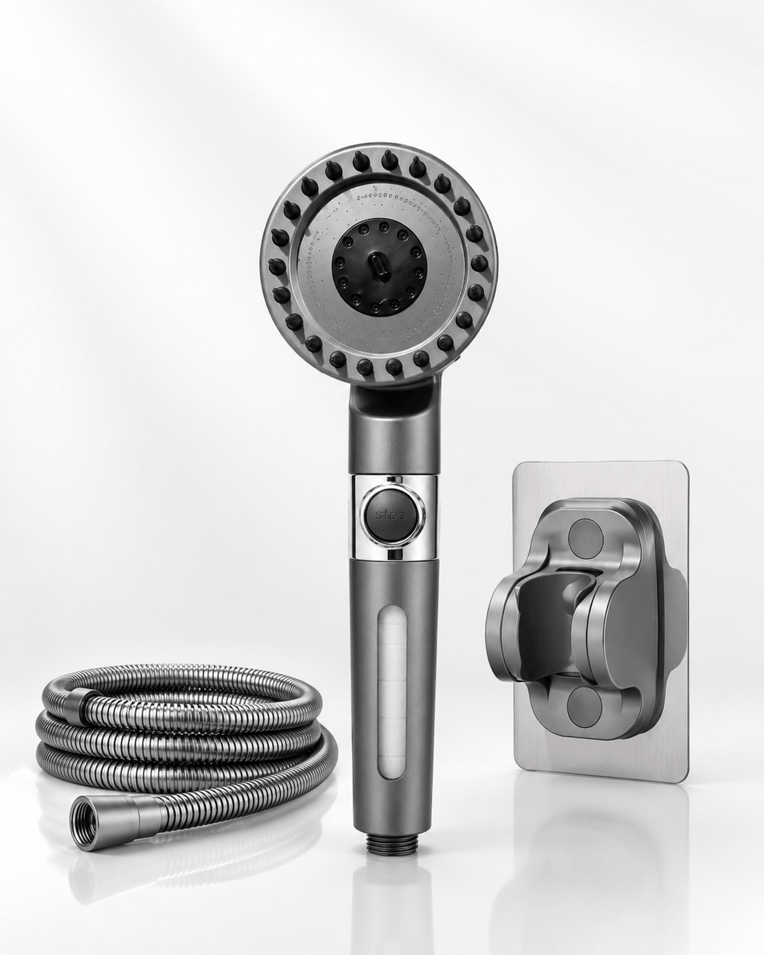 chrome 3-mode high pressure showerhead with adjustable spray settings installed in bathroom