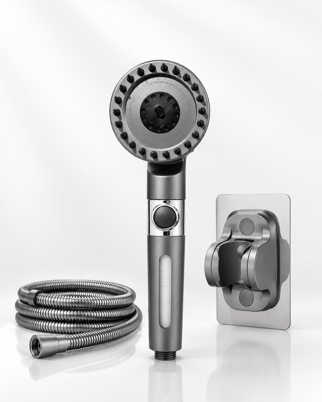 chrome 3-mode high pressure showerhead with adjustable spray settings installed in bathroom